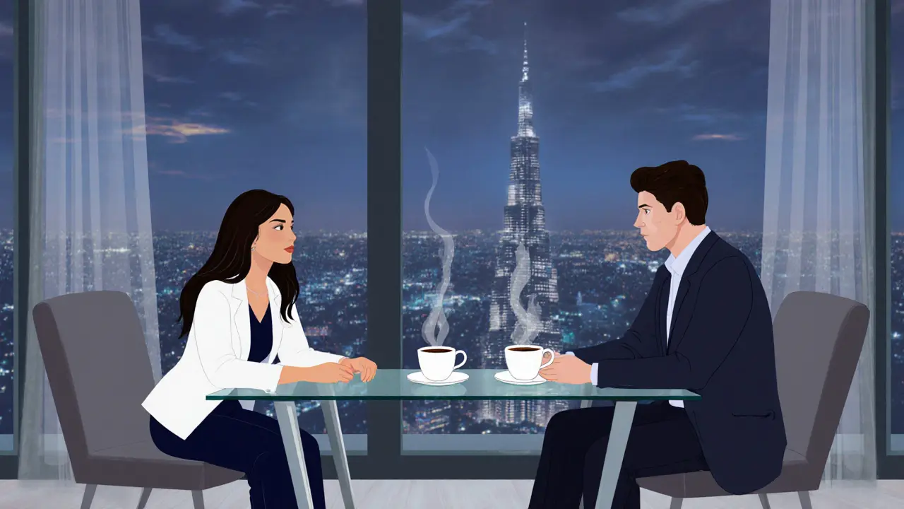 Lina führt ein tiefes Gespräch mit einem Geschäftsmann in einem Dubai-Penthouse bei Abendlicht.