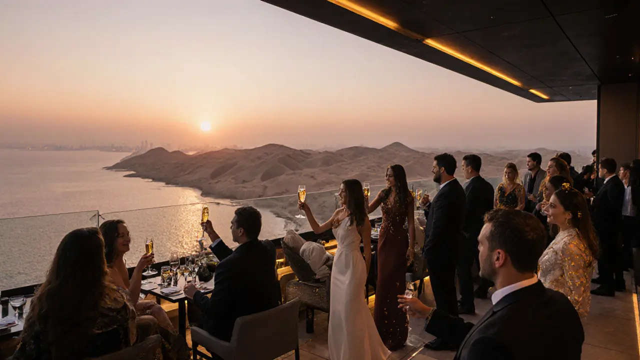 Luxuriöses Dachrestaurant mit Champagner, Blick auf das Meer und Lichter, die Wüstenwellen nachahmen, bei Sonnenuntergang.
