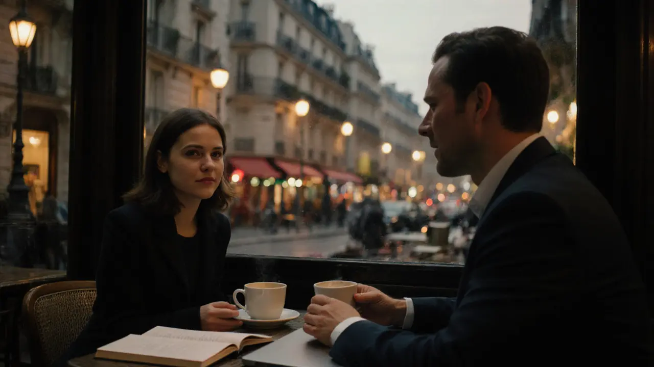 Mann und Frau in einem Pariser Café, die sich bei Kaffee unterhalten, abends bei sanfter Beleuchtung.