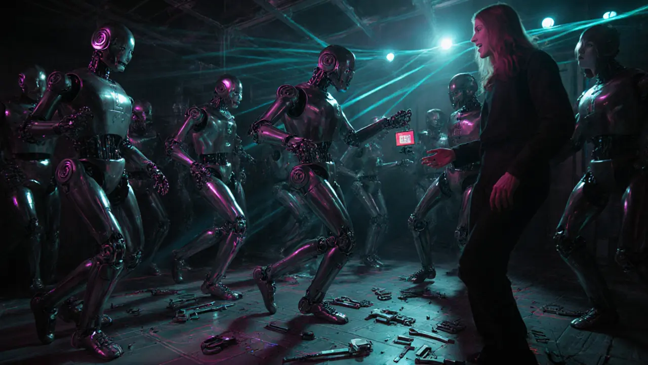 Menschen tanzen zwischen 200 synchron bewegten Robotern in einer futuristischen Clubatmosphäre.