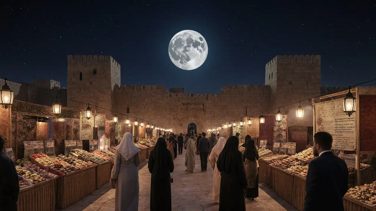 Monatlicher Nachtmarkt vor historischer Burg mit Laternen, Live-Musik und Besuchern, die digitale Geschichte erleben — ohne Alkohol.