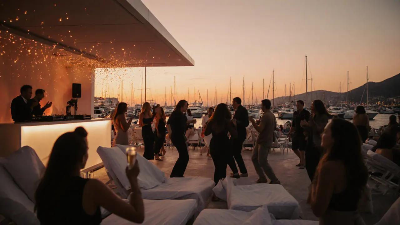 Nikki Beach Monaco bei Sonnenuntergang, Gäste tanzen vor dem Mittelmeer mit weißen Lounges.