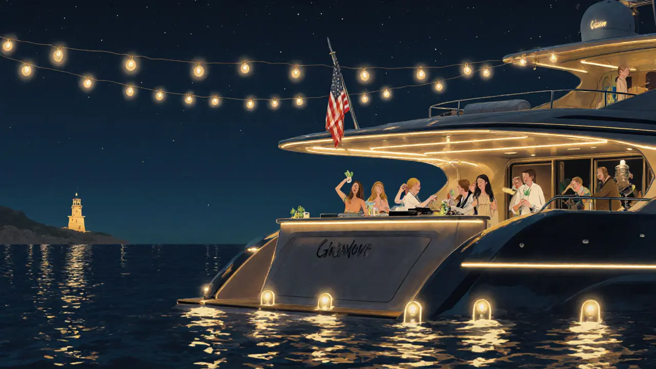 Privat-Yacht-Party in der Nacht mit Musik, Drinks und ruhigem Meeresschauspiel.