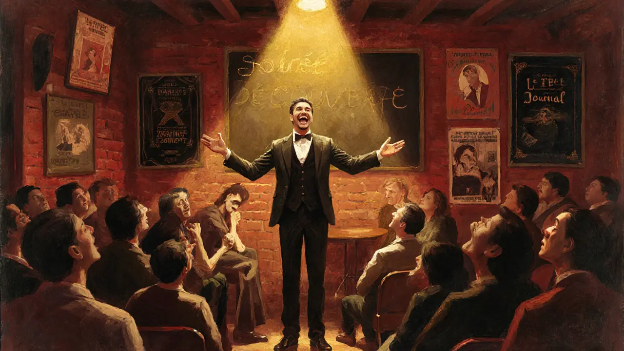 Publikum lacht in einem intimen Comedy-Club in Montparnasse, während ein Comedian mit ausgestreckten Armen auf der Bühne steht.