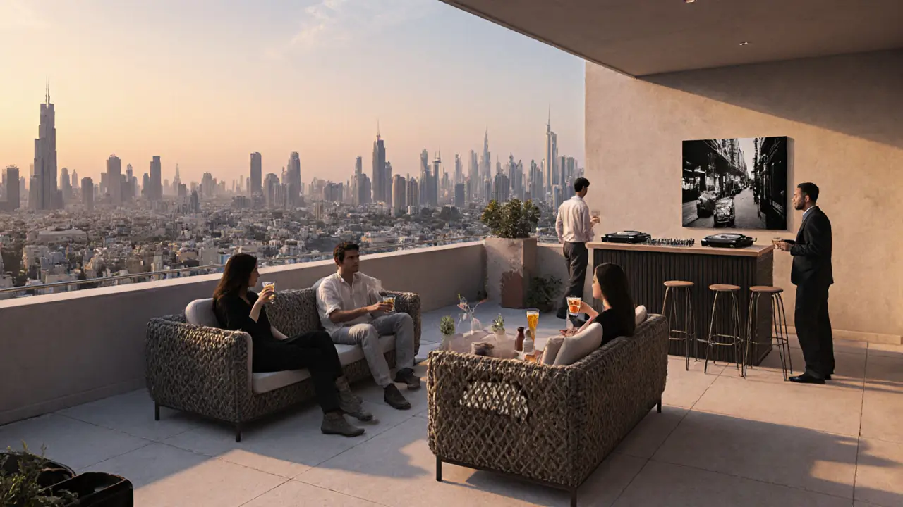 Rooftop 27 mit Blick auf Dubai, gemütlichen Sitzgruppen und leisem Jazz bei Dämmerung.