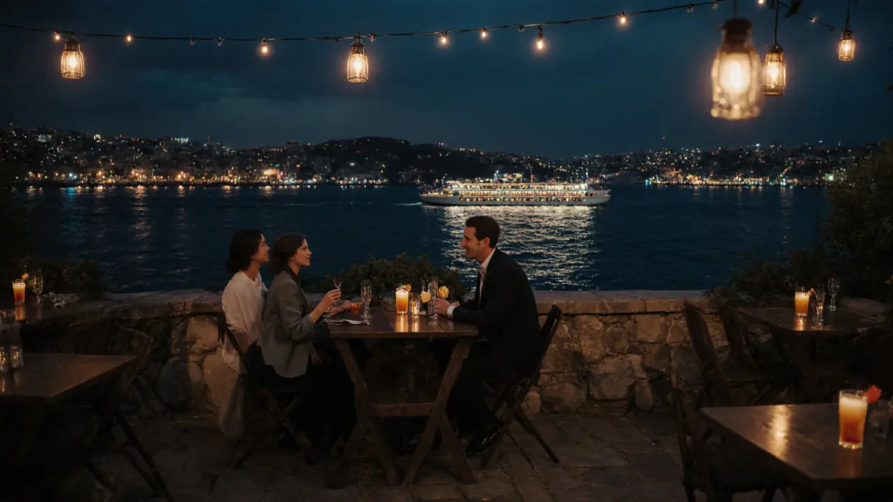 Rooftop-Bar in Karaköy mit Blick auf den dunklen Bosporus und schwebende Fähren.