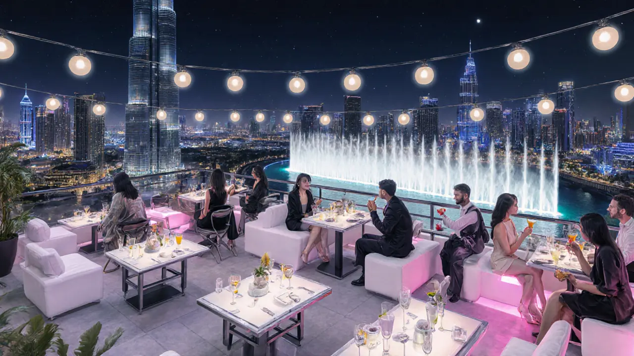 Rooftop-Lounge White Dubai mit atemberaubendem Blick auf den Burj Khalifa und Tanzende Gäste.