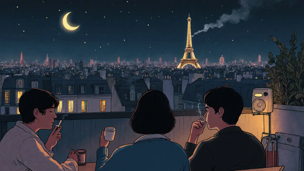 Three people on a quiet rooftop terrace in Paris at 3 a.m., listening to jazz, no phones.