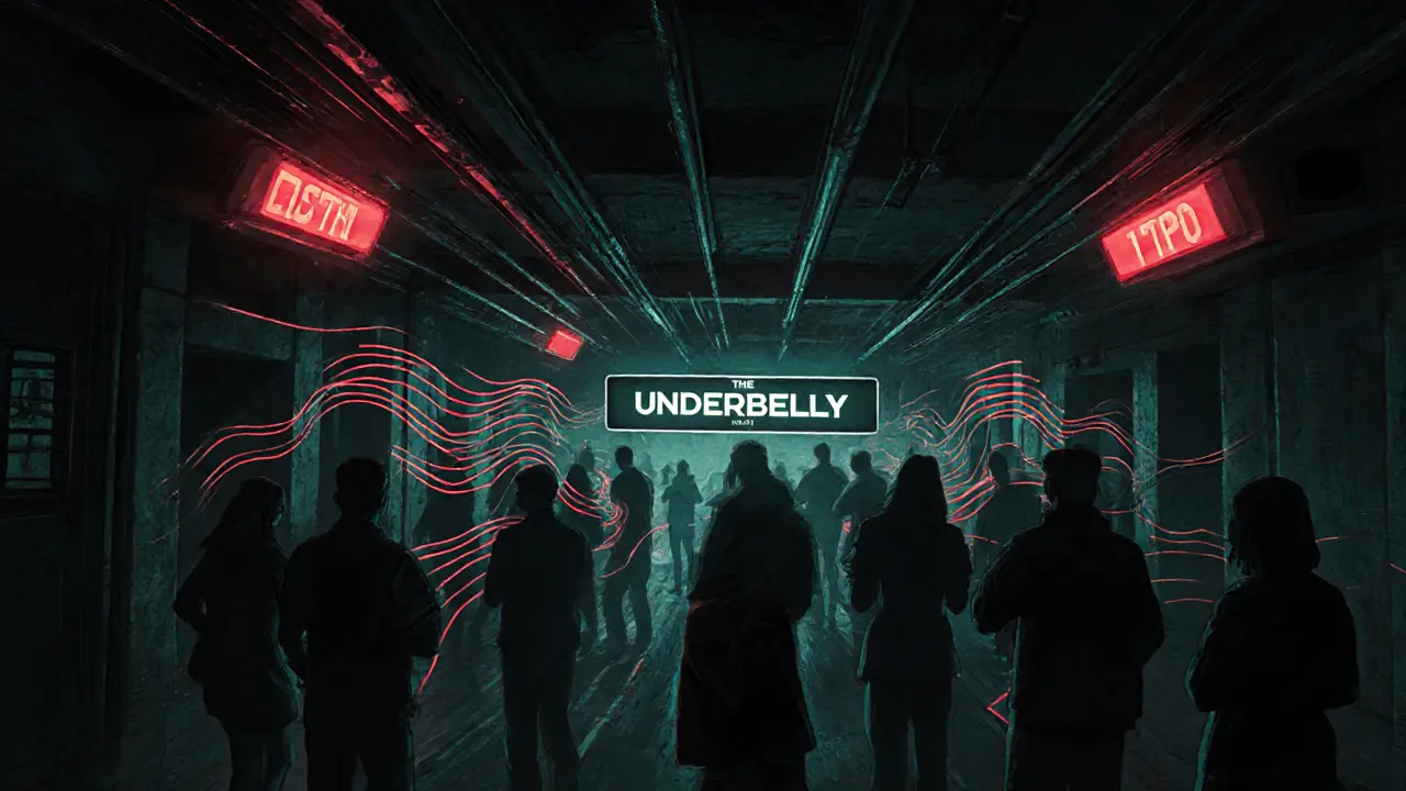 Unterirdischer Techno-Club in einer feuchten Abwasserleitung mit pulsierender Lichtstimmung.