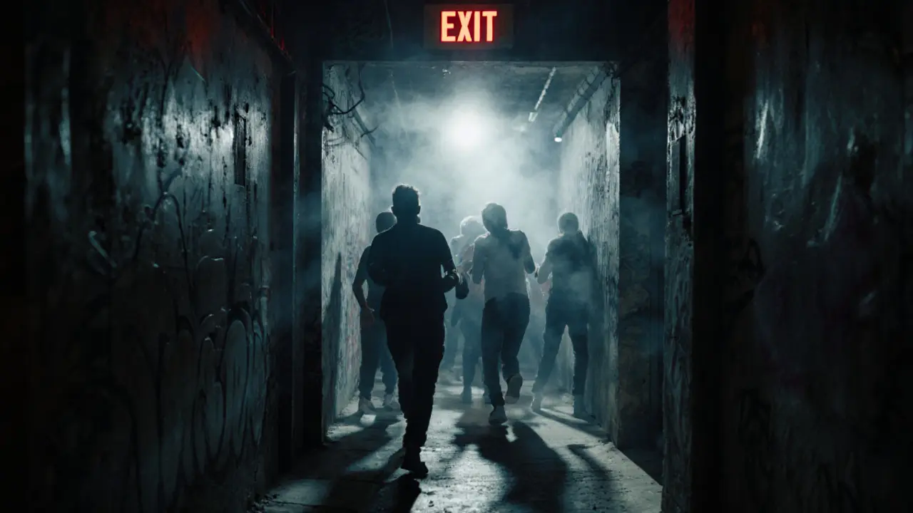 Versteckter Techno-Club in einem Hinterhof mit pulsierendem Licht und tanzenden Silhouetten.