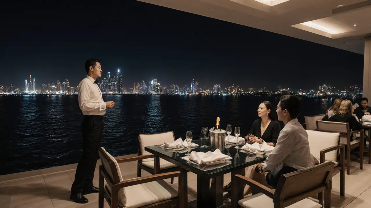 VIP-Tisch auf der Terrasse von Zuma Abu Dhabi mit Champagnerflasche und Blick über den Golf.