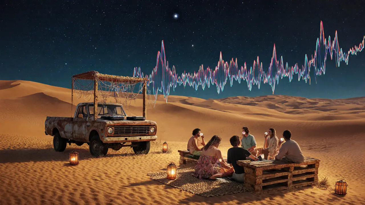 Wüstendisco unter Sternen mit Holzpalettenbänken und Sandboden, keine Werbung.