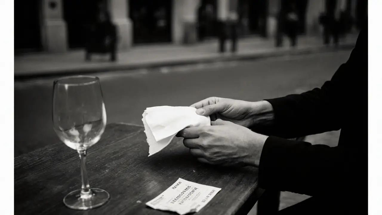 Zwei Hände reichen sich eine Serviette an einem Tisch mit einem leeren Weinglas — stille Verbindung.