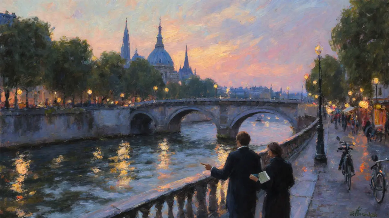Zwei Menschen spazieren entlang der Seine bei Dämmerung, Bücher und Stadtlichter umgeben sie in weichen Farbtönen.