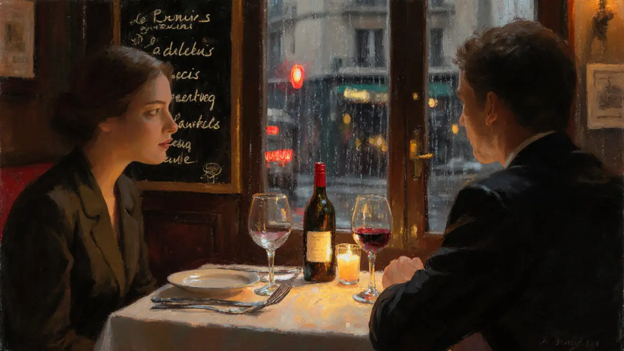 Zwei Personen essen in einem versteckten Pariser Bistro bei Kerzenlicht, Regen läuft an der Fensterscheibe herab.