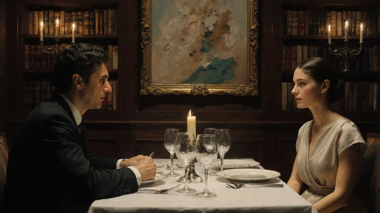 Zwei Personen in einem privaten Restaurant bei Kerzenlicht, im Hintergrund Kunstsammlung und edles Geschirr.