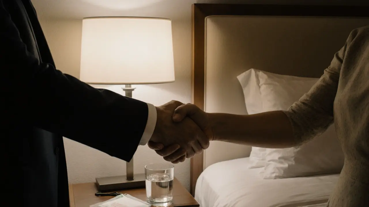 Zwei Personen schütteln sich die Hand in einem Hotelzimmer, Geld auf dem Nachttisch, in stummer Würde.