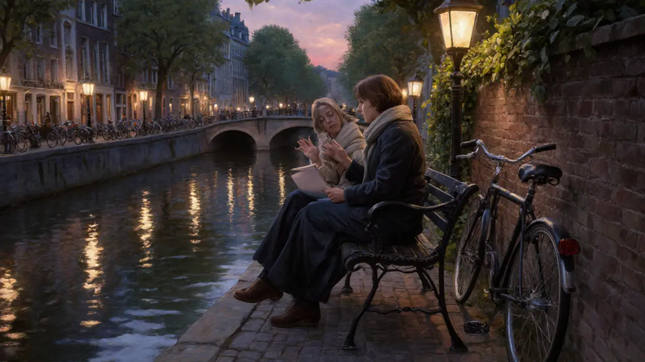 Zwei Personen sitzen am Canal Saint-Martin bei Dämmerung und sprechen in stiller, vertrauter Atmosphäre.