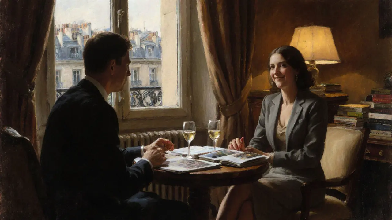 Zwei Personen sitzen in einem Pariser Wohnzimmer, lachen über ein Buch, Wein auf dem Tisch, gemütliche Atmosphäre.