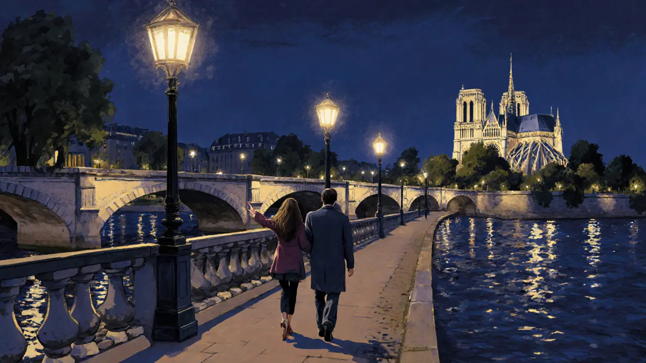 Zwei Personen spazieren gemeinsam am Seineufer unter den Lichtern einer Brücke in Paris.