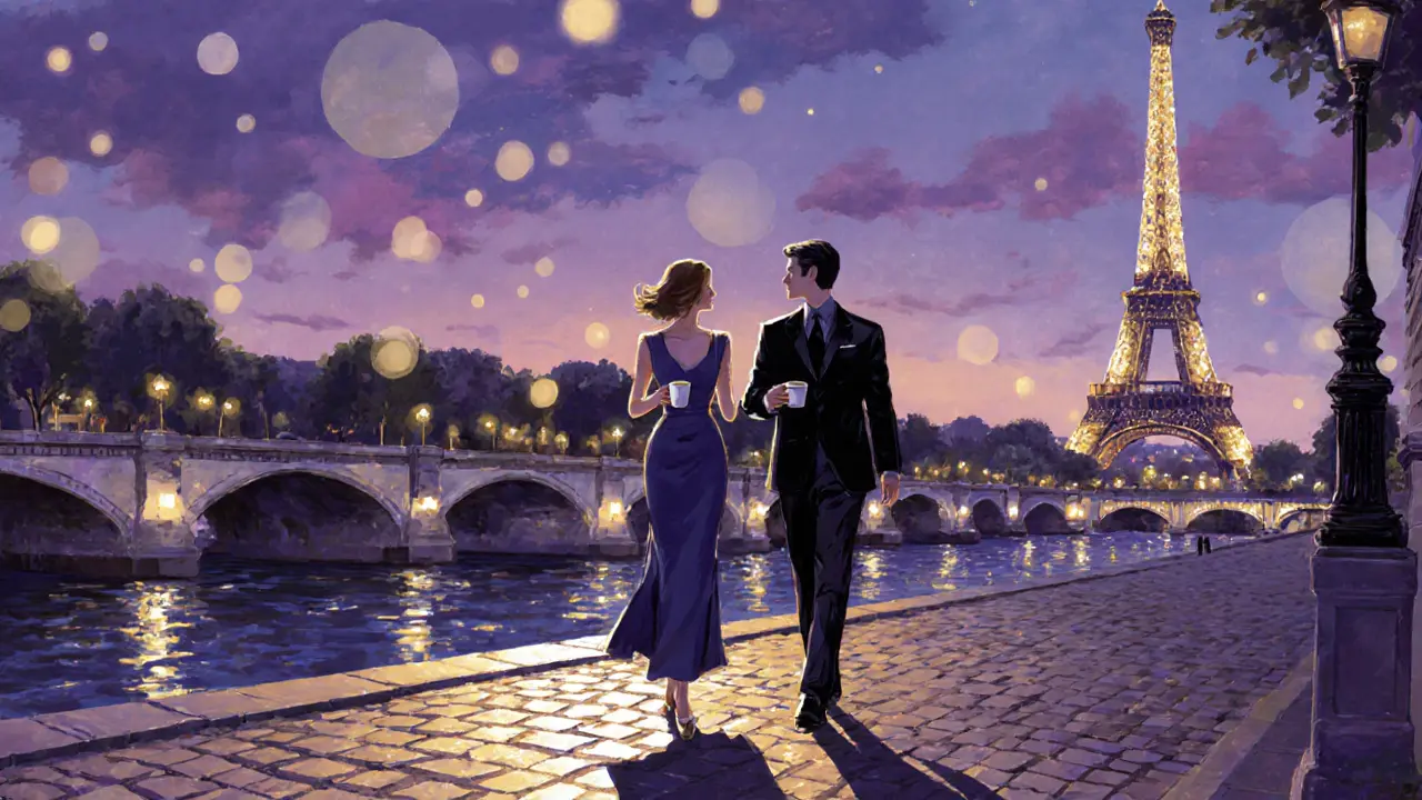 Zwei Personen spazieren still an der Seine, der Eiffelturm funkelt im Hintergrund bei Abendlicht.