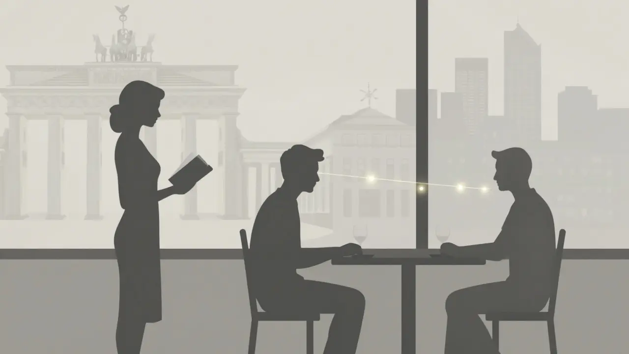 Abstrakte Verbindungen zwischen Mensch und Begleitung in Berliner Stadtlichtern.