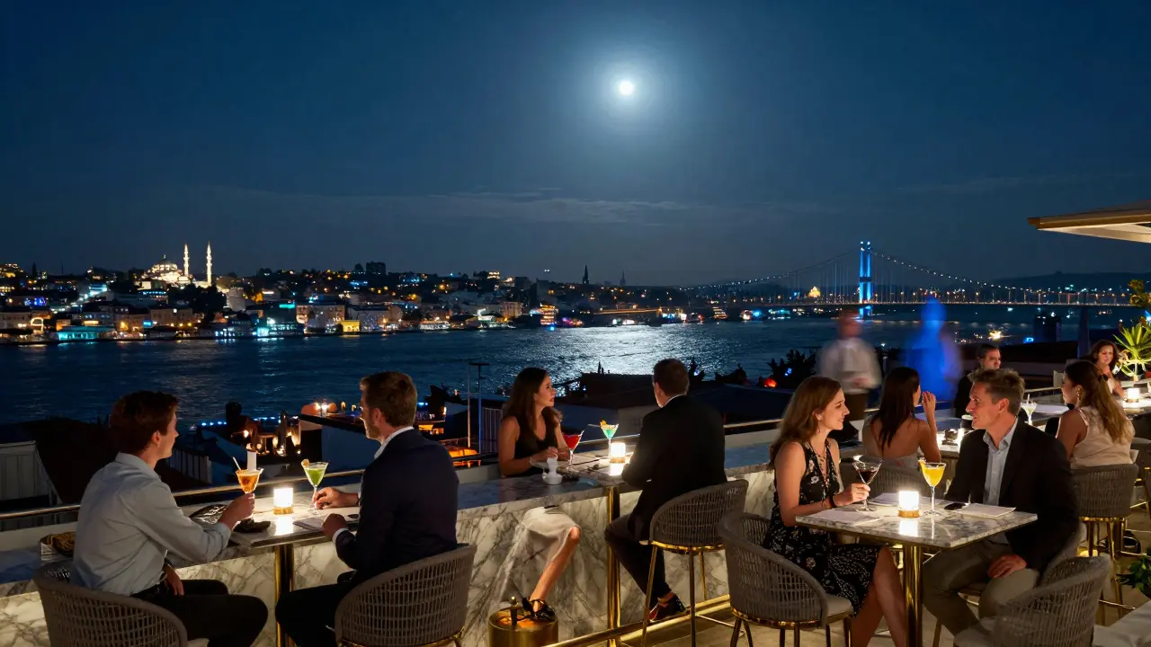 Dachterrasse mit atemberaubendem Blick auf den Bosporus und die Stadtlichter.