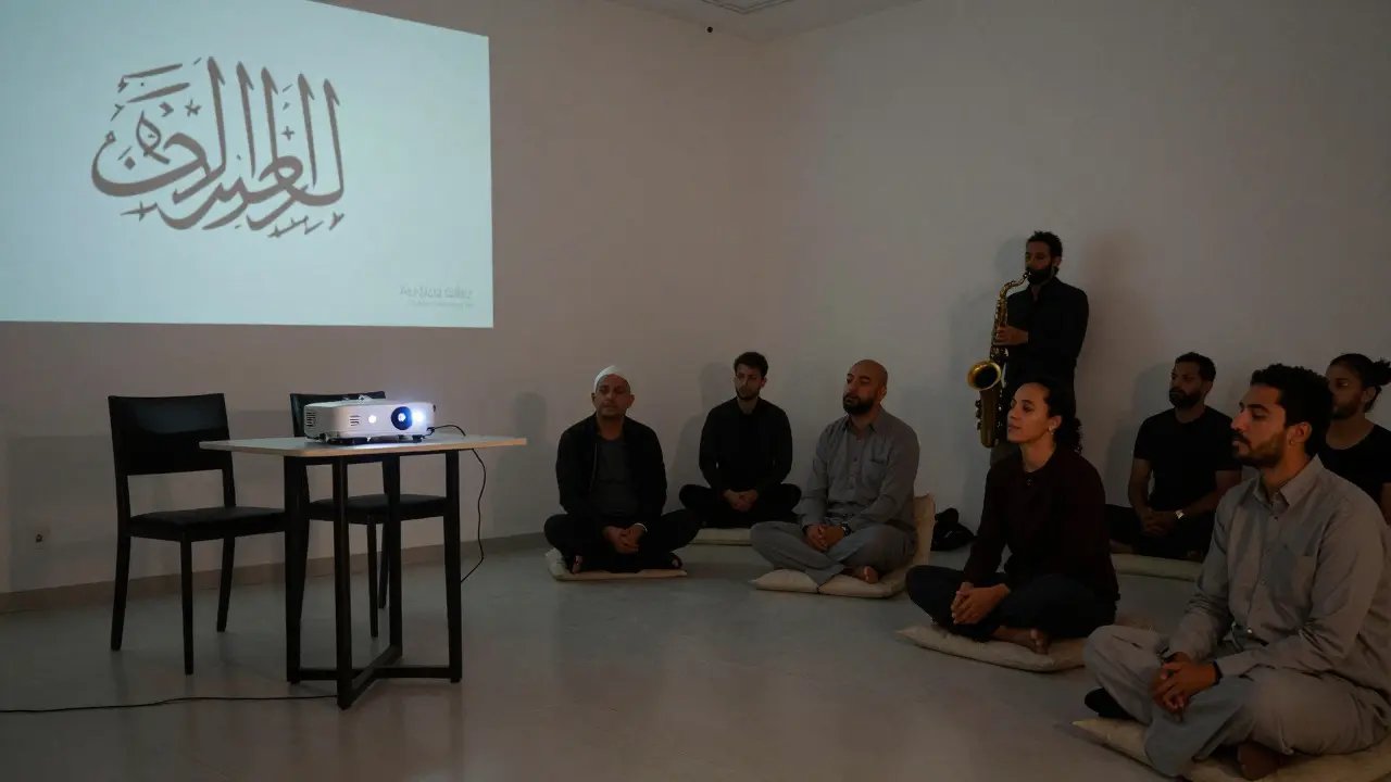 Dichterlesung in einer Galerie mit Projektion und Jazzmusik, Zuschauer sitzen auf Kissen in stiller Stimmung.