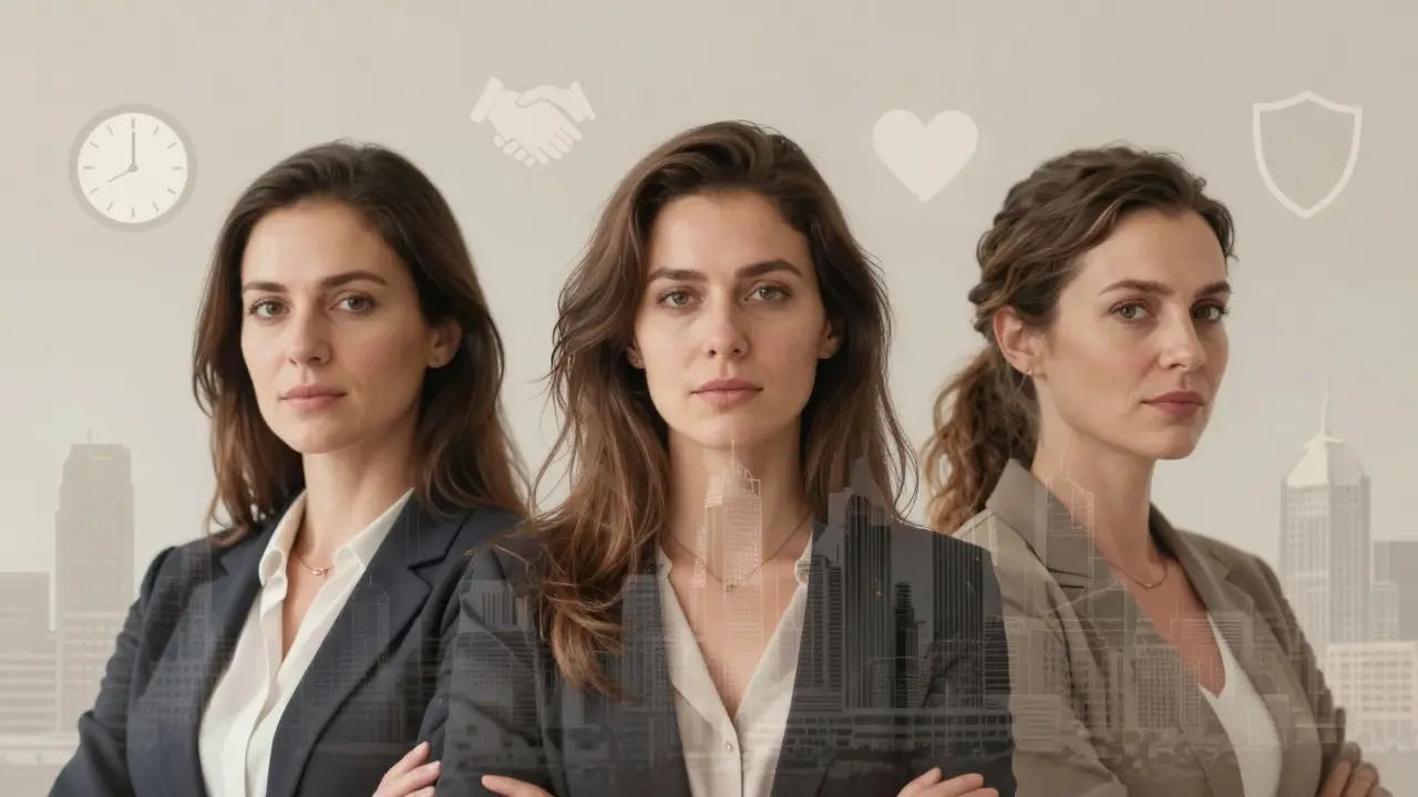 Drei Frauen aus unterschiedlichen Berufen, deren Porträts mit dem Londoner Stadtbild verschmelzen.