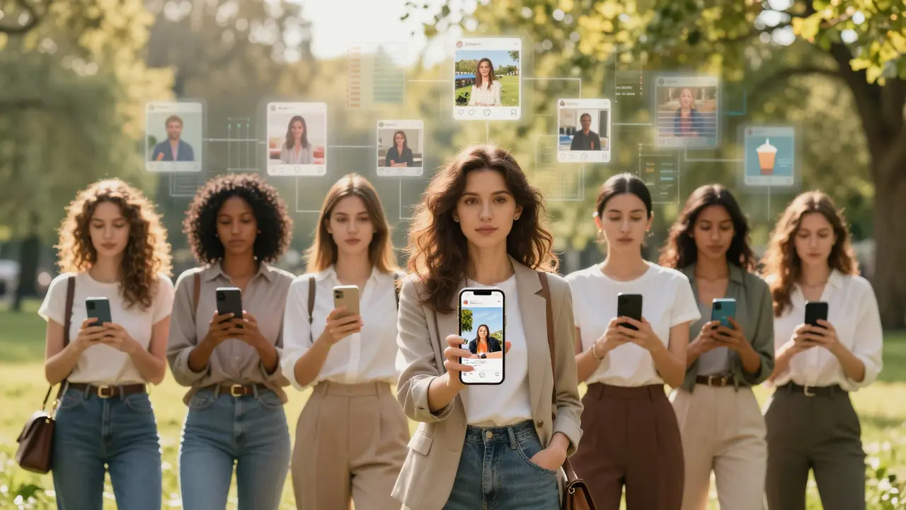 Drei Frauen in einem Park, die mit Smartphones persönliche Instagram-Beiträge zeigen, ohne direkte Werbung.