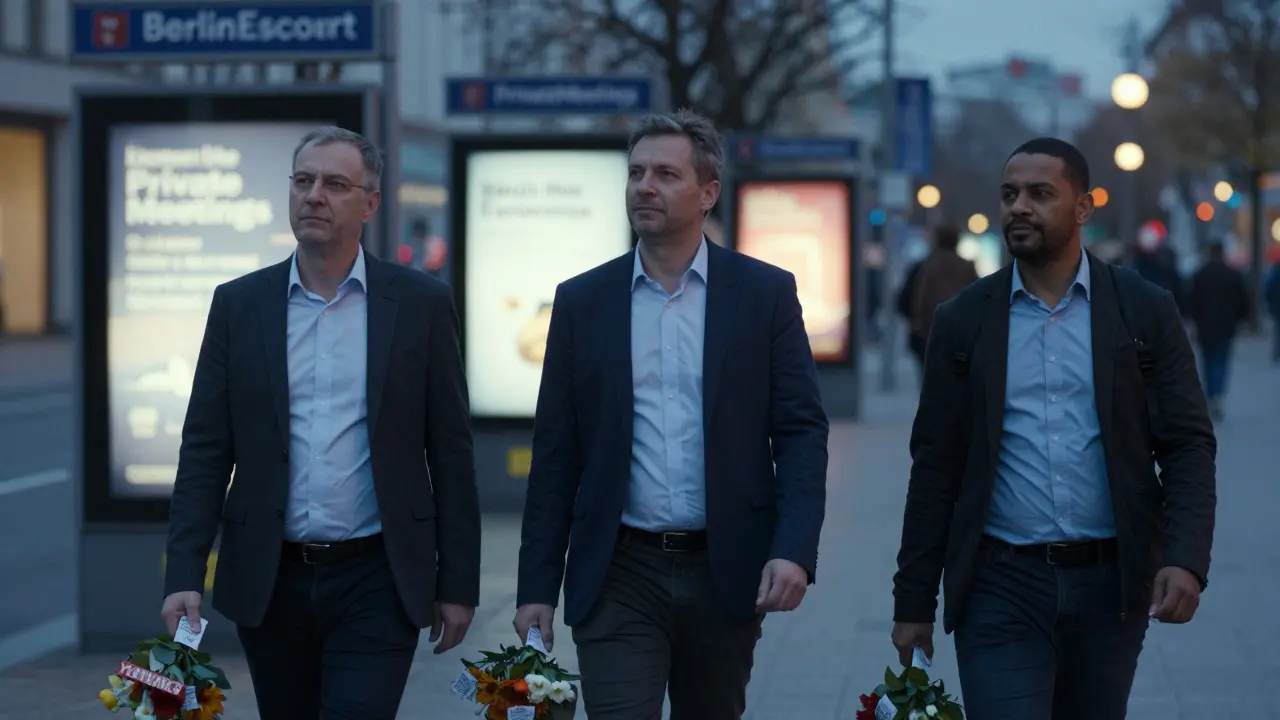 Drei Männer gehen allein durch Berlin, jeder mit einem Ticket für einen gemeinsamen Abend, umgeben von subtilen digitalen Hinweisen.