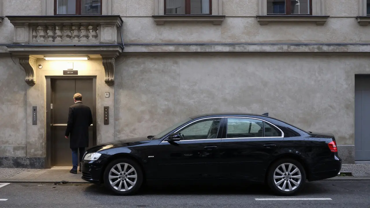 Ein Auto fährt in eine private Tiefgarage, ohne Kameras oder Kennzeichnungen, nur eine numerische Tür.