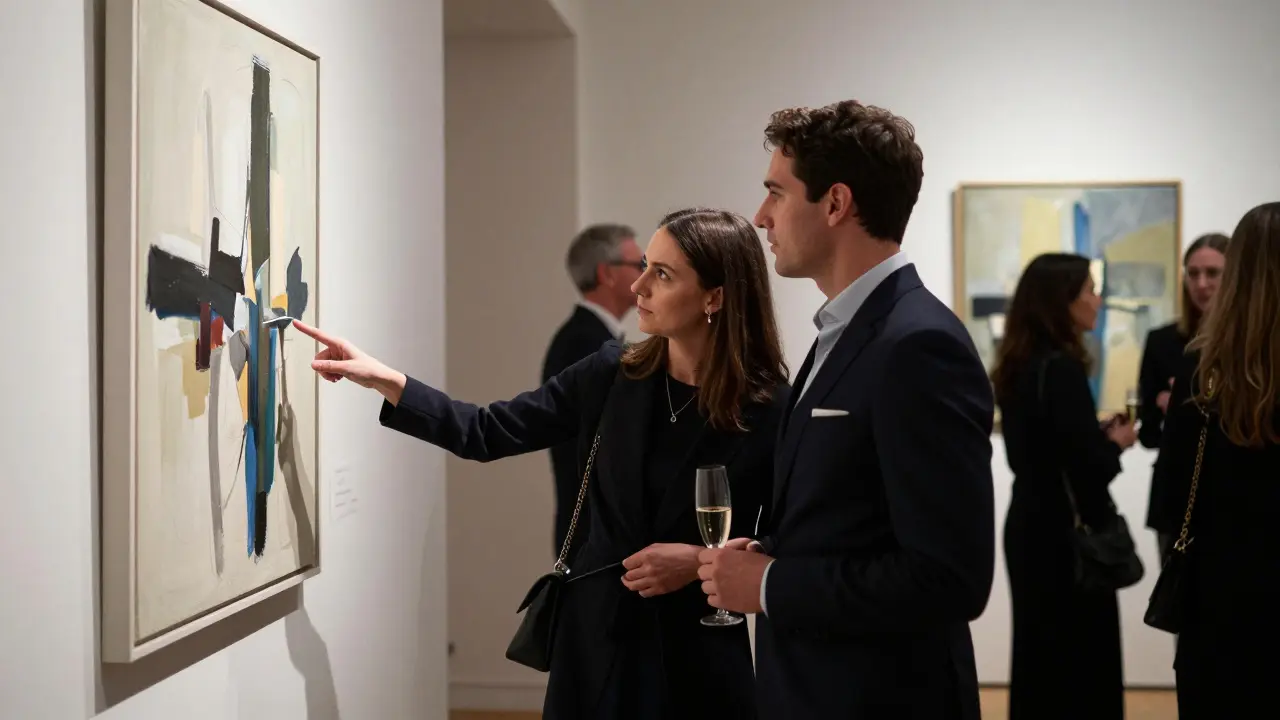 Ein Begleiter und Kunde betrachten gemeinsam ein Kunstwerk in einer Galerie bei Nacht.