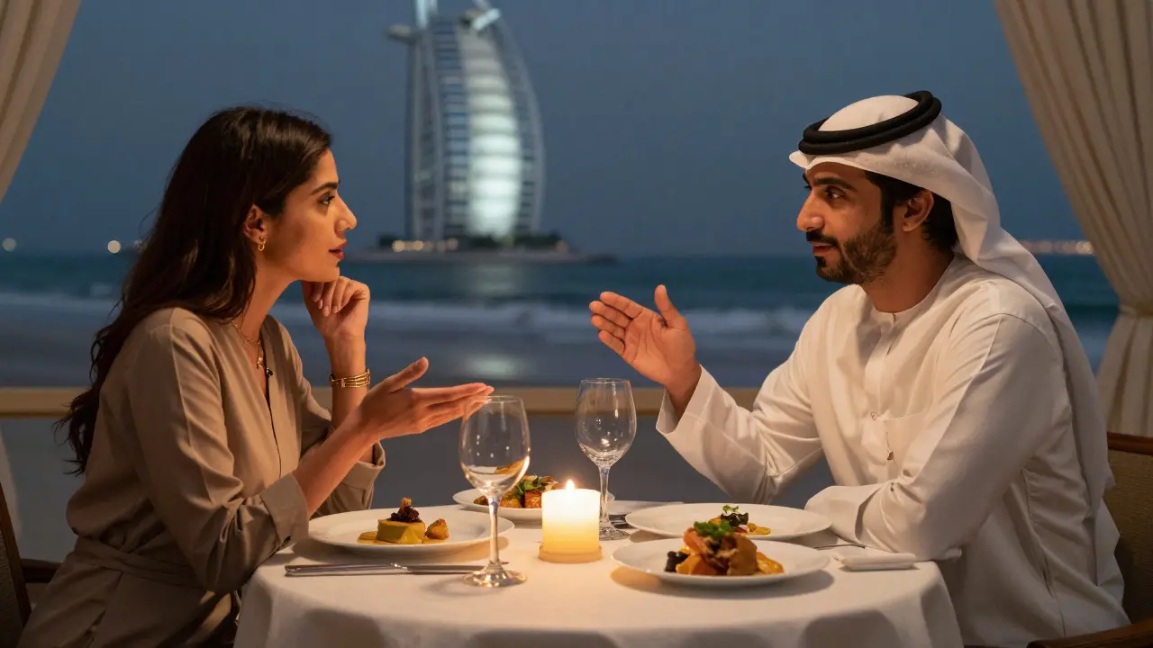 Ein Geschäftsmann und seine Begleiterin genießen ein elegantes Abendessen mit kulturellem Gespräch im Burj Al Arab.