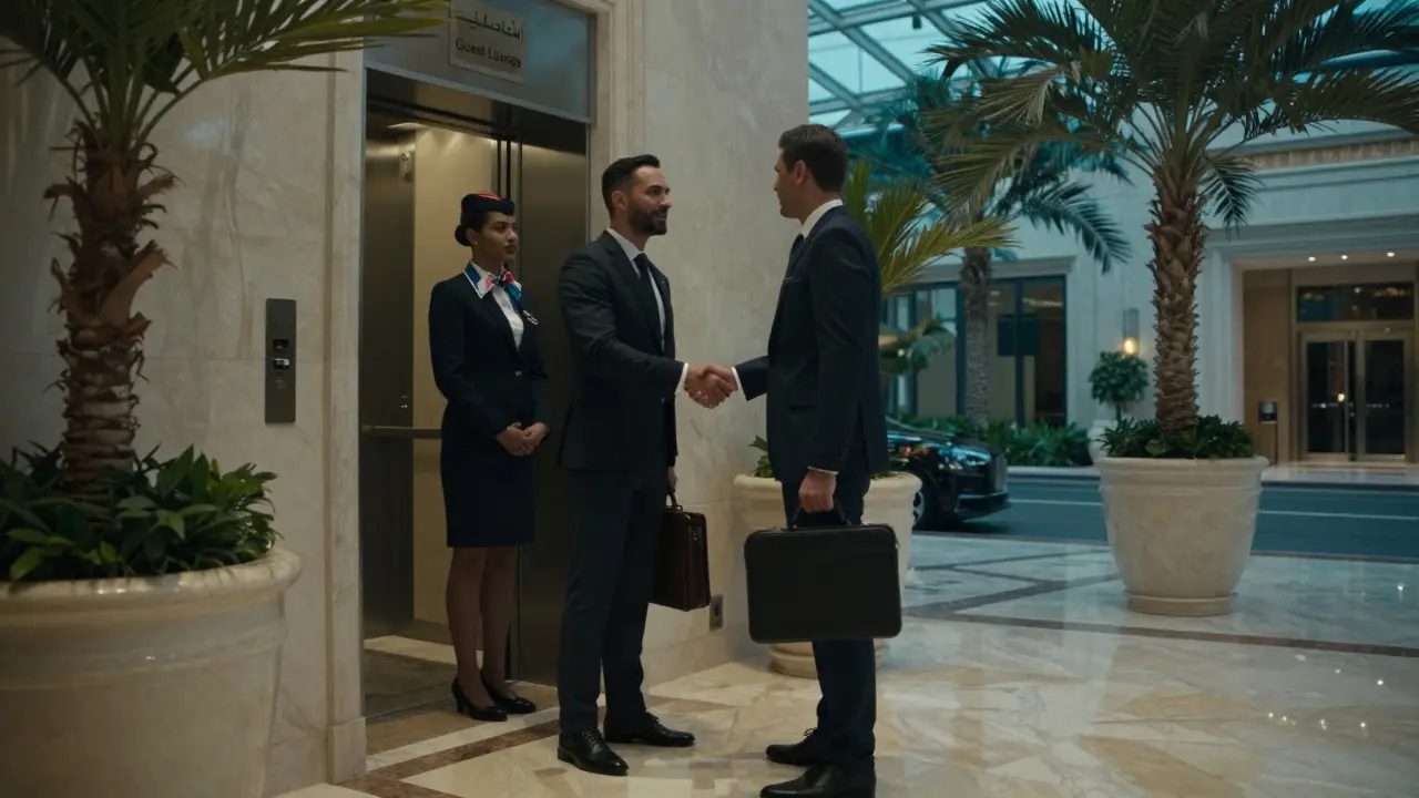 Ein Geschäftsreisender trifft seine Begleitung diskret in der Lobby eines Luxushotels in Dubai.