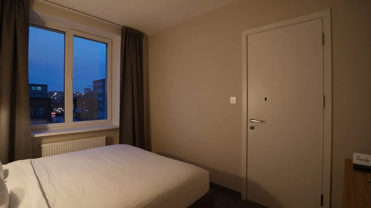 Ein Hotelzimmer in Berlin mit Hinweisen auf Sicherheit und Respekt nach einem Termin.