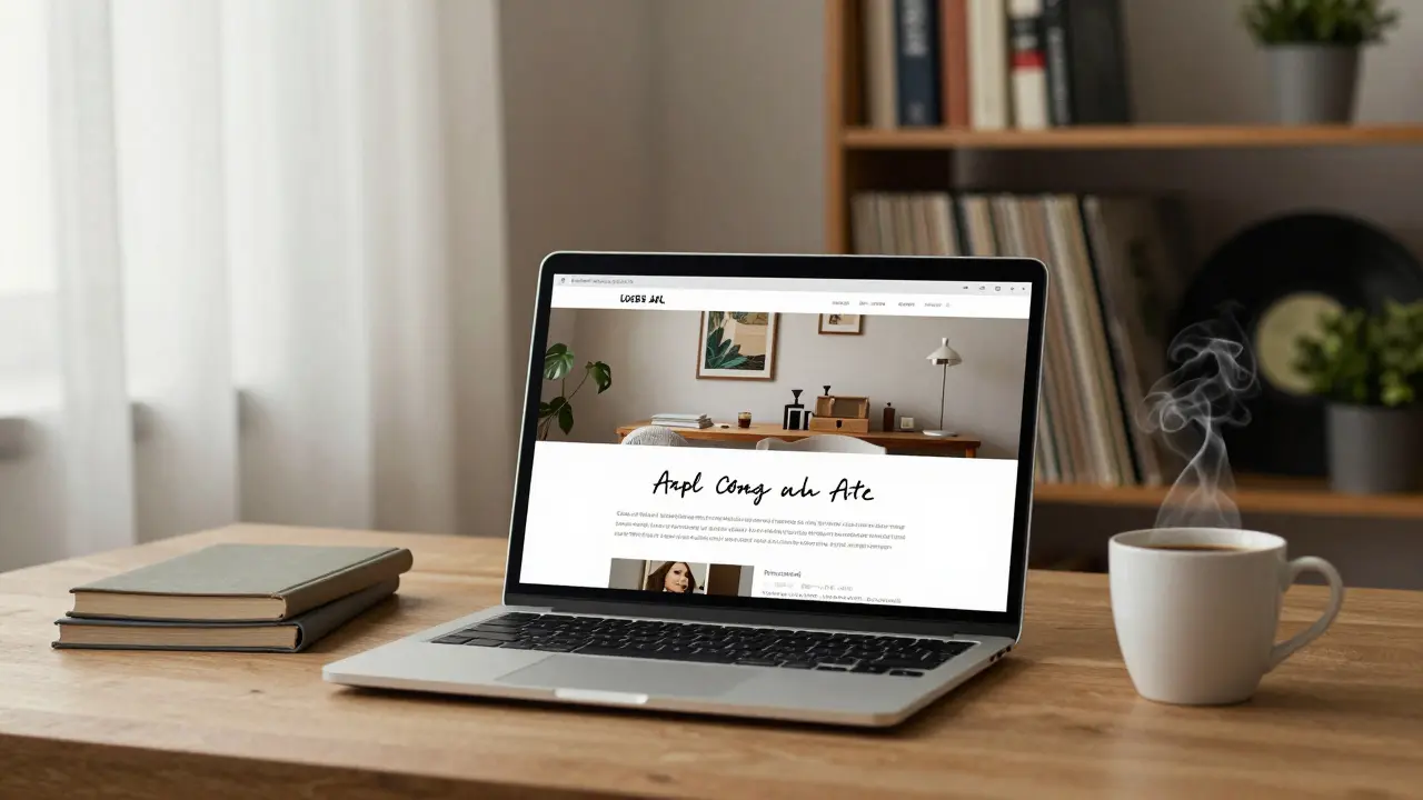 Ein Laptop mit einer einfachen, ehrlichen Website auf einem Holztisch, Kaffee und Bücher im Hintergrund, natürliches Morgenlicht.