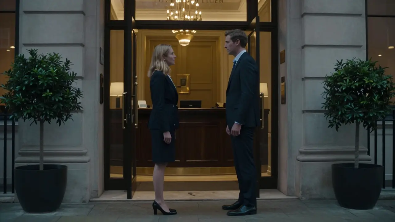 Ein Mann und eine Frau treffen sich diskret in einem Londoner Hotellobby, respektvoll und ohne körperliche Nähe.
