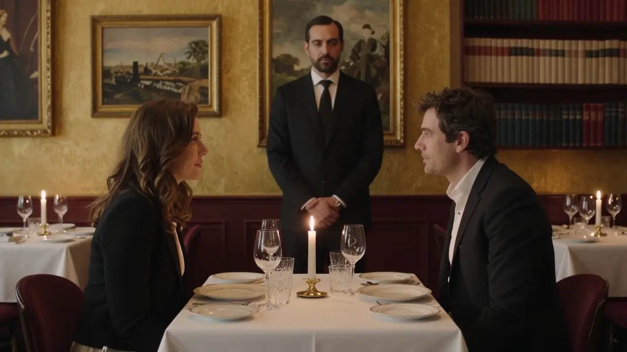 Ein Paar genießt ein abendliches Dinner in einem exklusiven Parisier Restaurant.