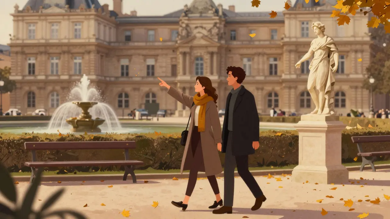 Ein Paar spaziert friedlich durch den Jardin du Luxembourg bei goldenem Licht.