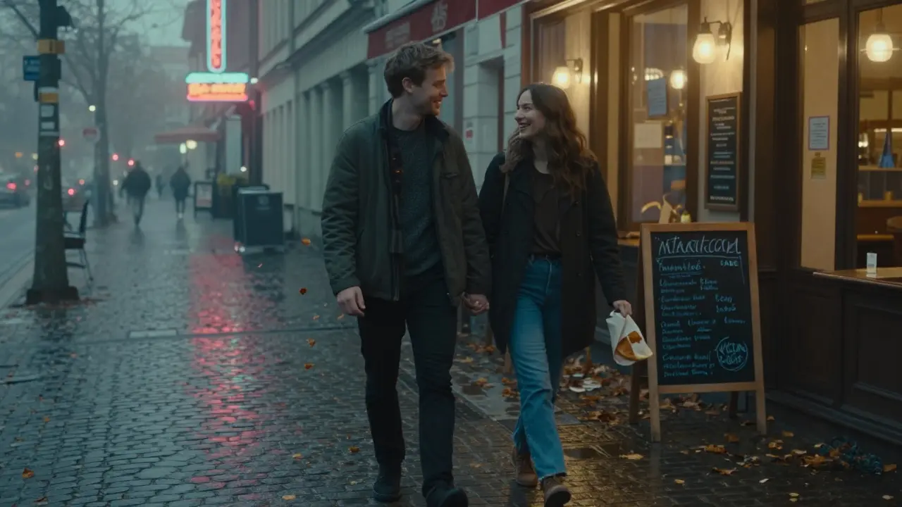 Ein Paar spaziert hand in Hand durch eine neblige Straße in Mitte, Berlin, bei Abenddämmerung, reflektierende Neonlichter, warme Stimmung.