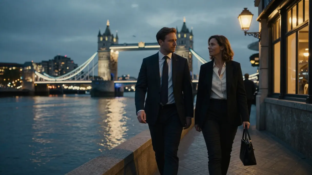 Ein Paar spaziert still am Fluss Thames bei Dämmerung, Stadtlichter reflektieren auf dem Wasser.