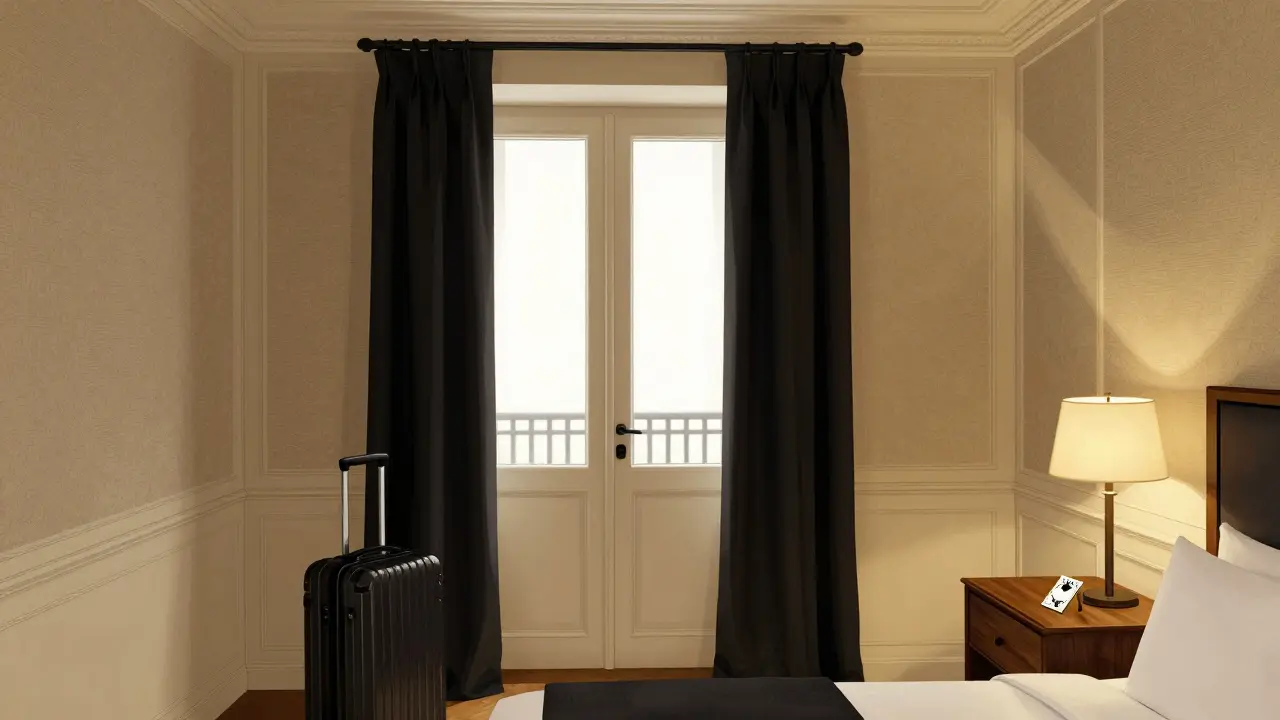 Ein privates Hotelzimmer mit doppelten Türen und gedämpftem Licht, das absolute Diskretion vermittelt.