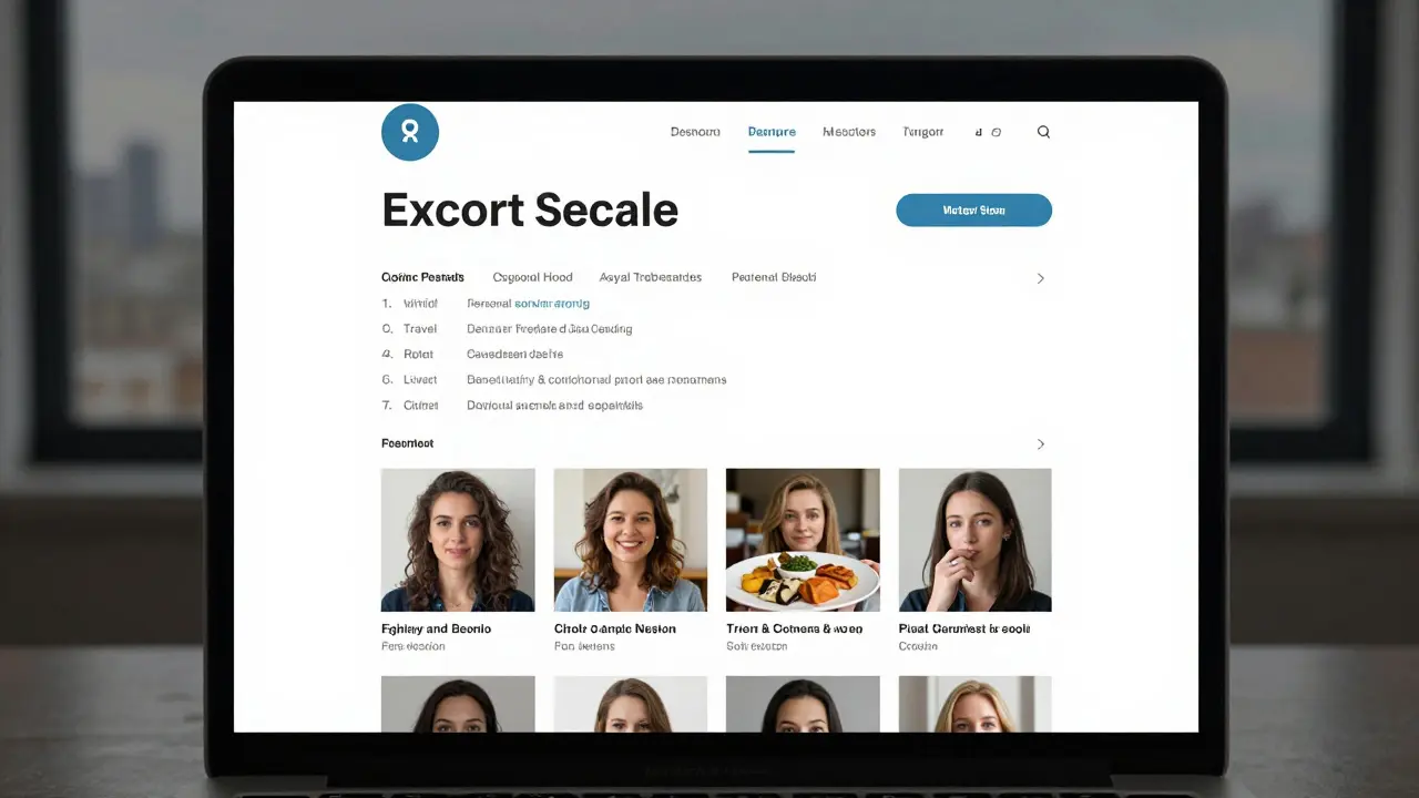 Ein professionelles Escort-Profil auf einem Laptop mit klaren Angaben zu Interessen und Fotos.