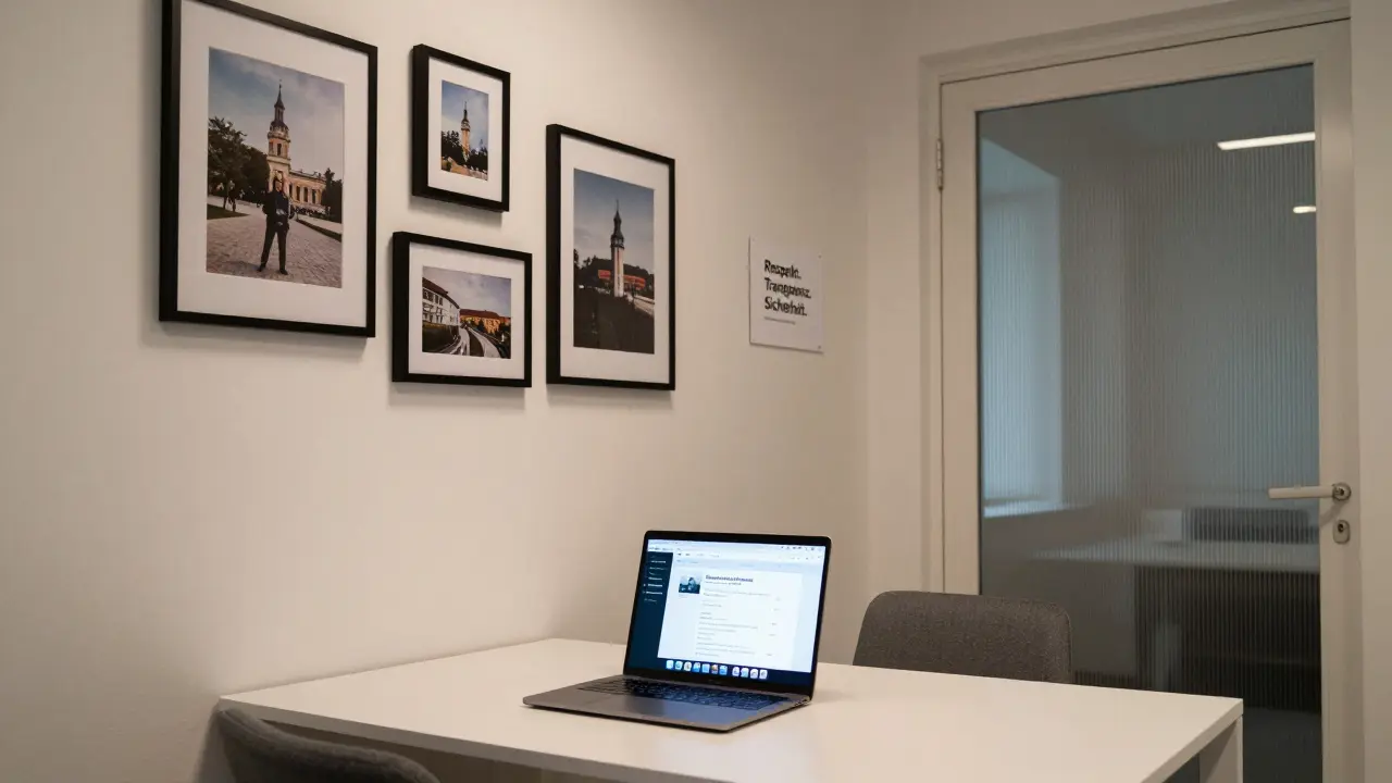 Ein professionelles, minimalistisches Büro mit persönlichen Fotos und klaren Regeln.
