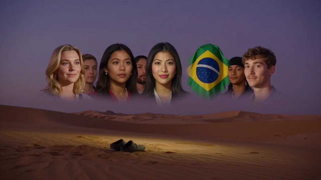 Ein spiegelndes Objekt über der Wüste reflektiert Gesichter aus verschiedenen Kulturen, Schuhe auf dem Sand symbolisieren eine vorübergehende Begegnung.