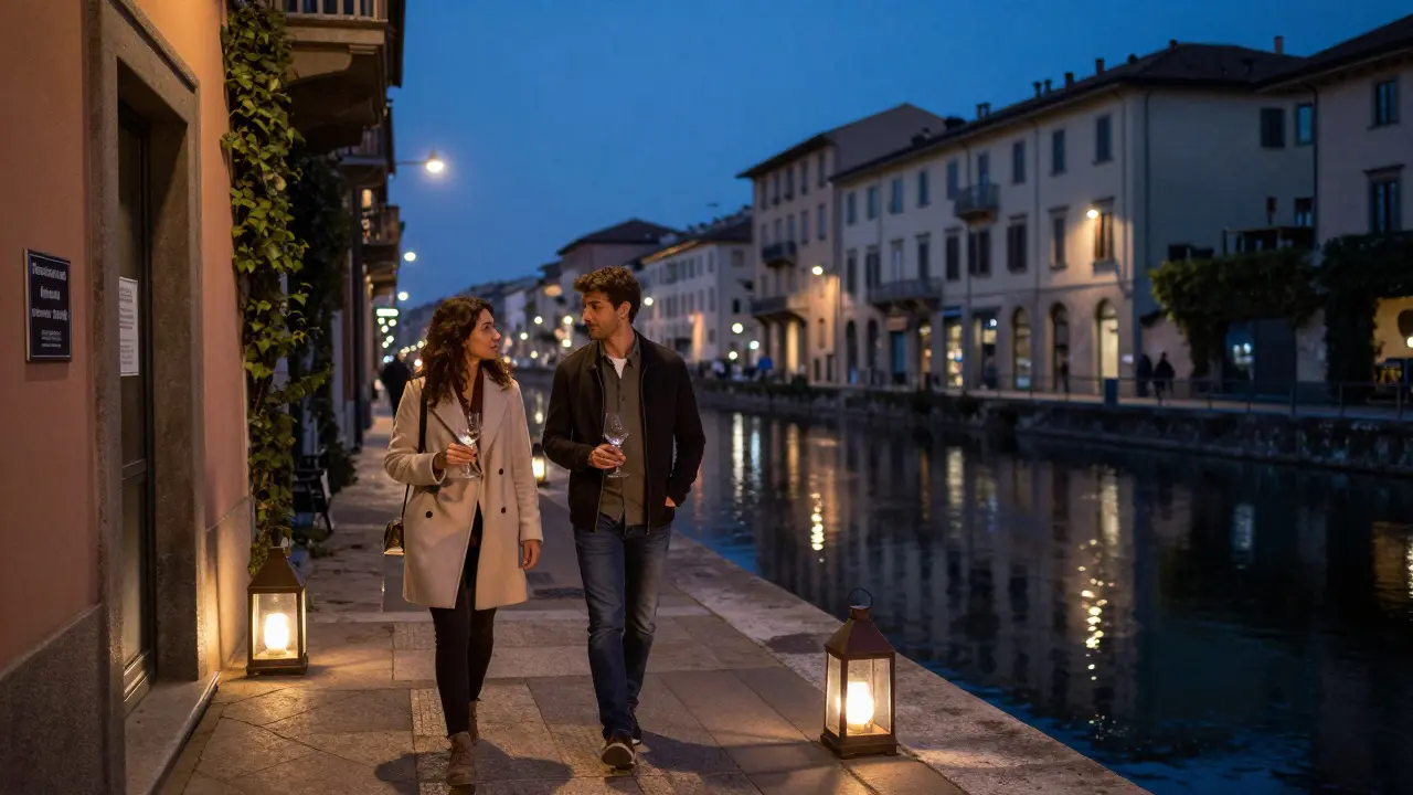 Eine Begleiterin spaziert mit einem Paar entlang des Naviglio Grande Kanals bei Nacht, umgeben von Laternen und historischen Gebäuden.