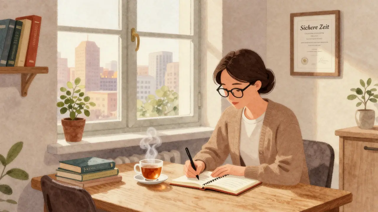 Eine Escort-Frau schreibt in ihrem Studio, umgeben von Büchern und Zeichen ihrer professionellen Selbstbestimmung.