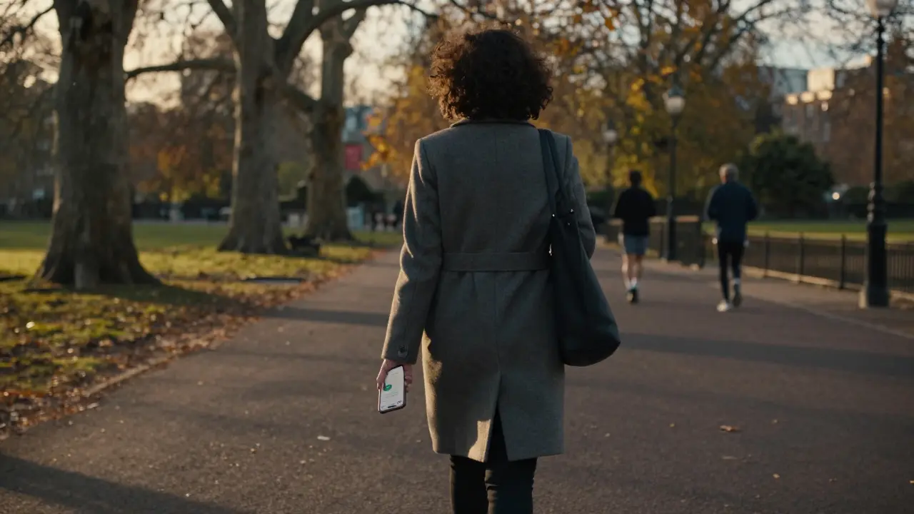 Eine Frau spaziert durch Hyde Park bei goldenem Licht, selbstbestimmt und unauffällig.