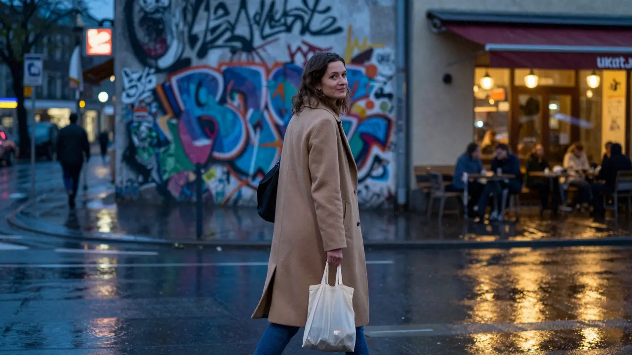 Eine Frau spaziert regennass durch Kreuzberg bei Dämmerung, lächelt sanft zurück, Straßenkunst und Laternenlicht umgeben sie.
